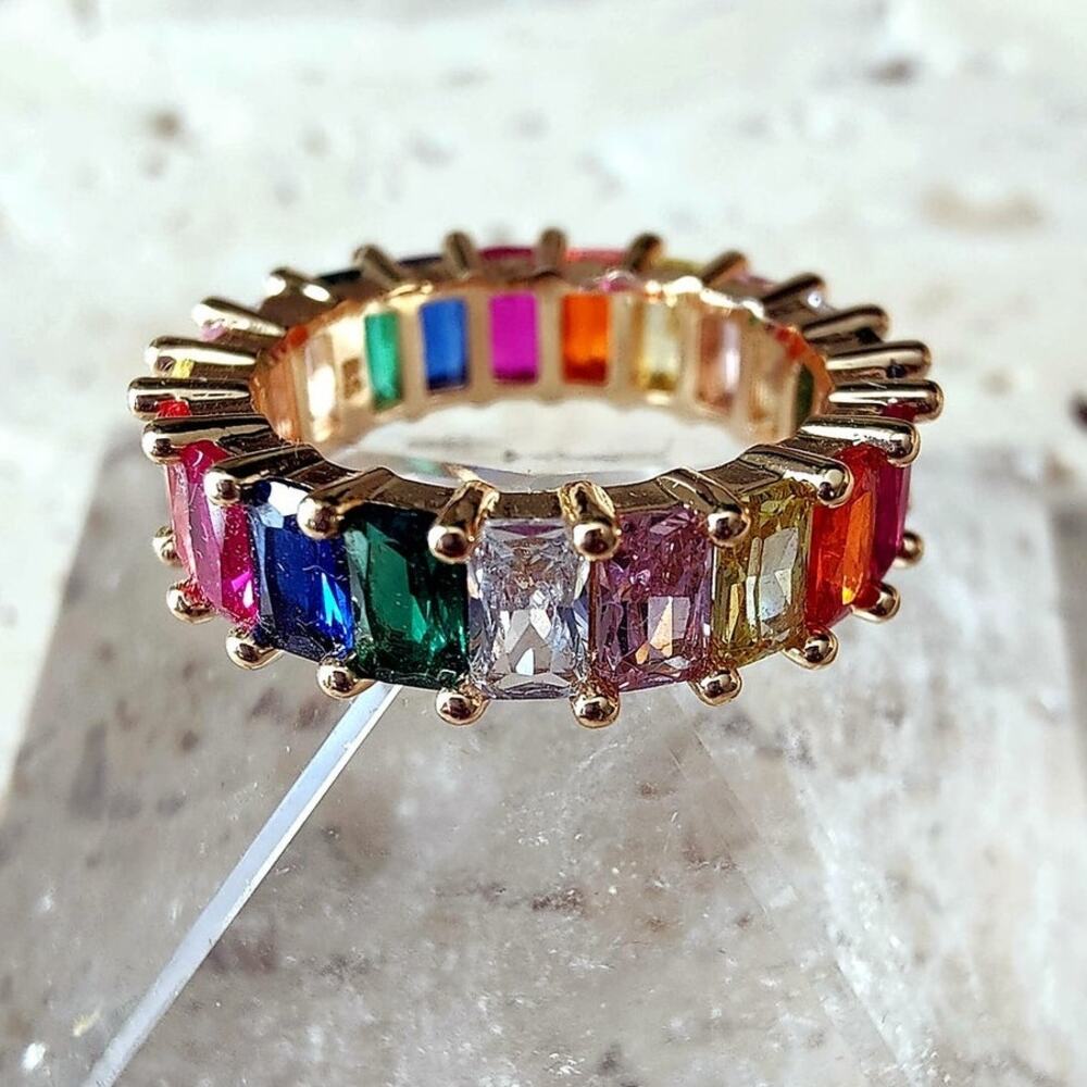 14k Gold Filled Rainbow Emerald Cut Eternity Ring Size 6